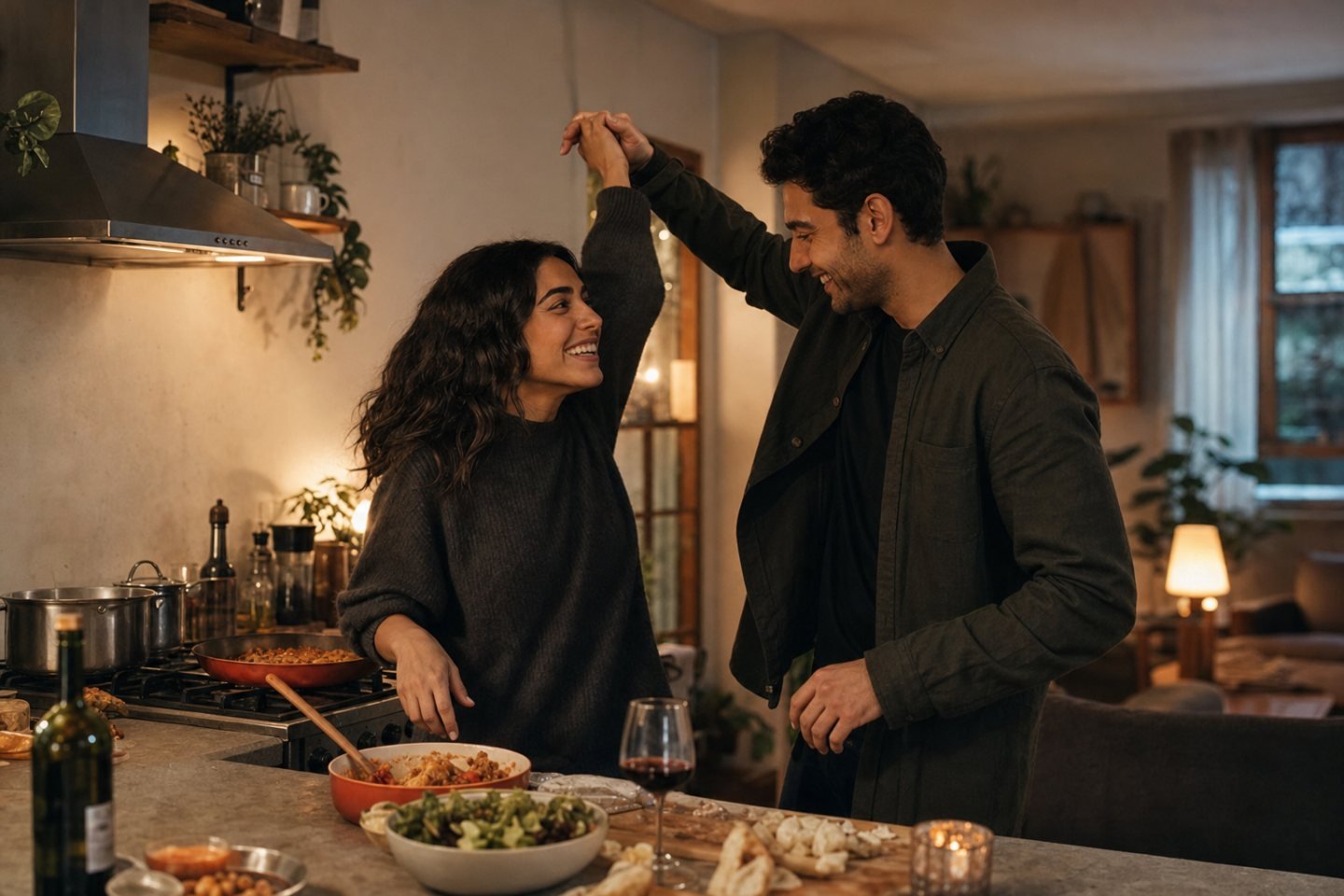 A fictional couple laughing while cooking together.