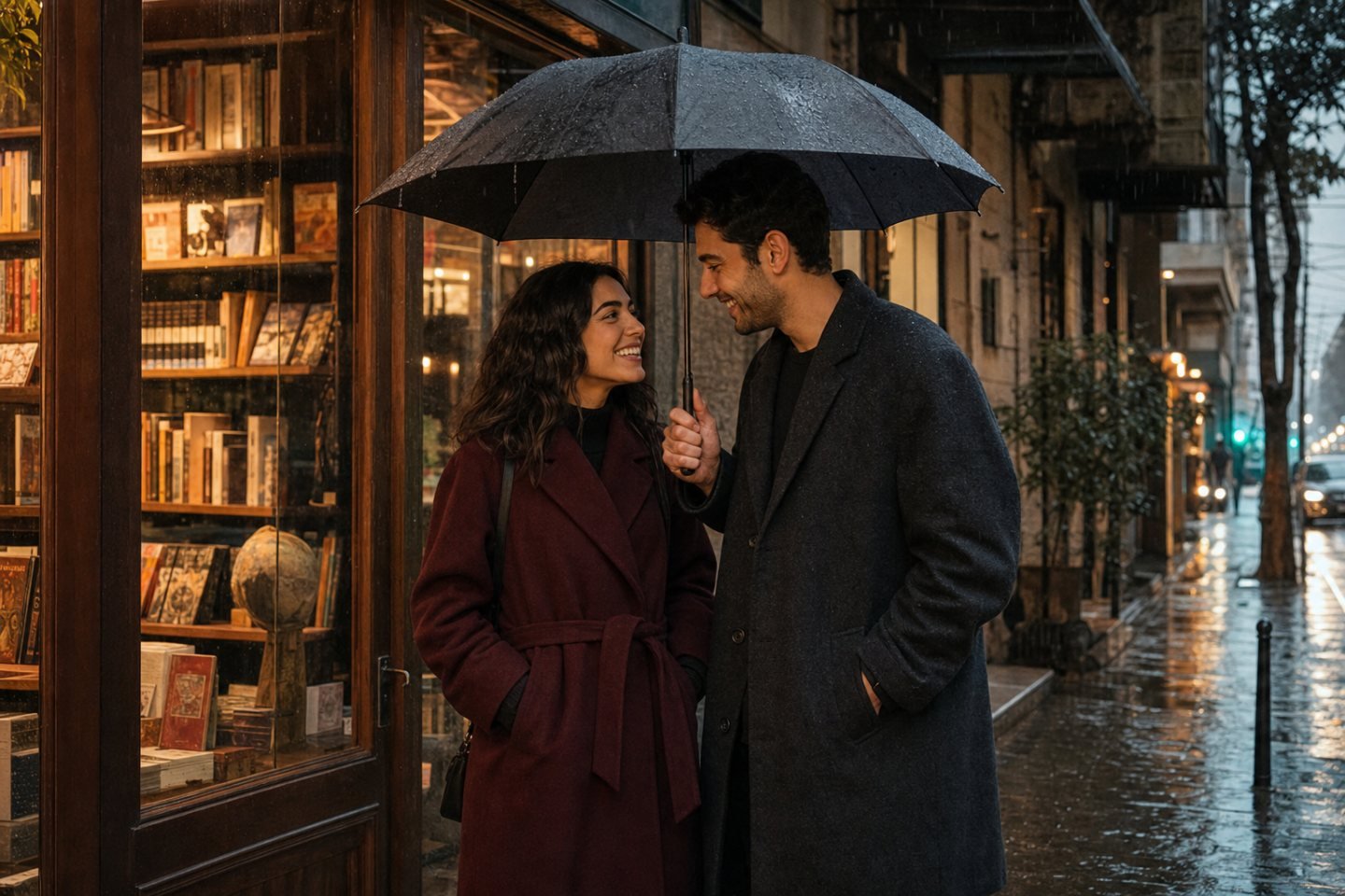 A fictional couple sharing an umbrella outside a Beirut bookshop.