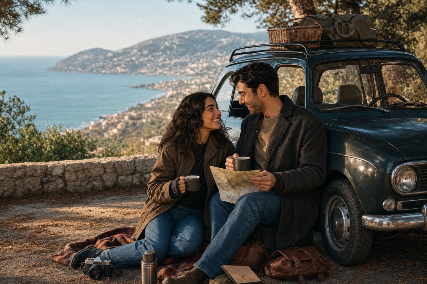 A fictional couple sharing coffee during a Lebanese coastal road trip.