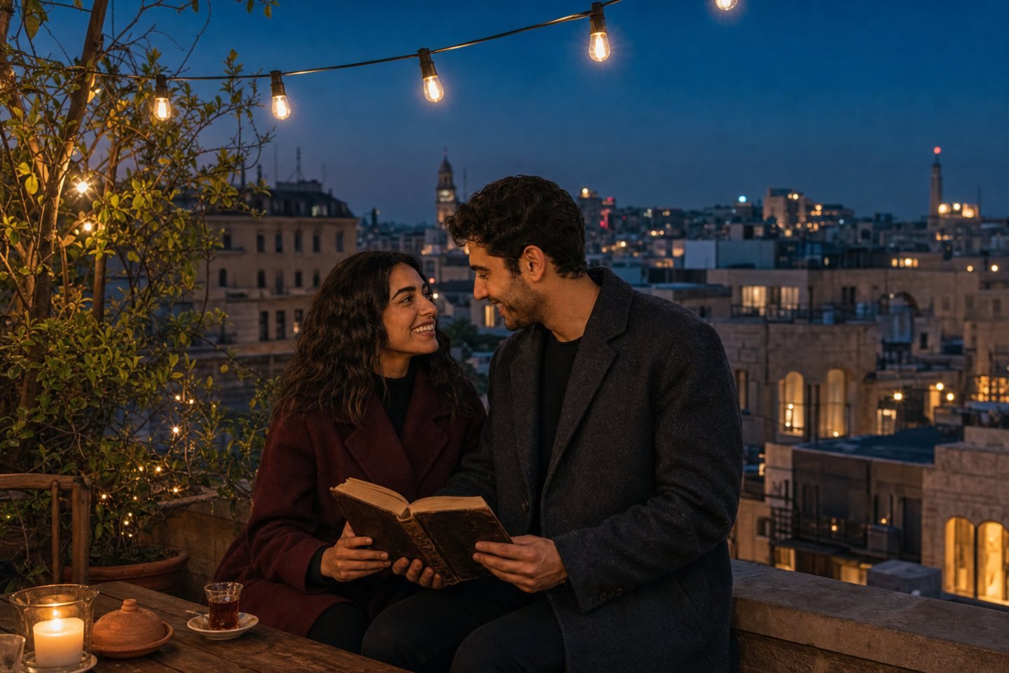 A fictional couple reading together on a Beirut rooftop.