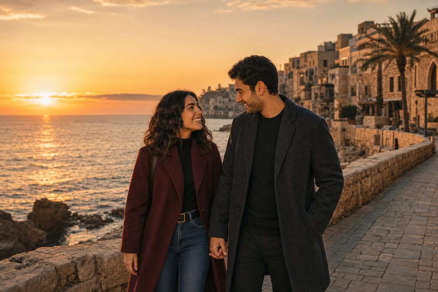 A fictional couple walking beside the Mediterranean at sunset.