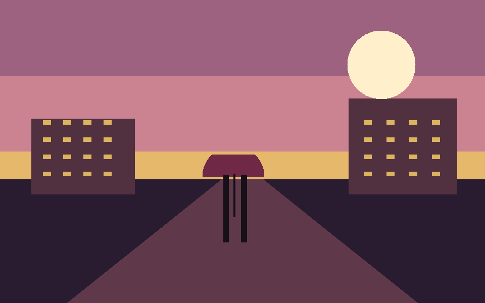 Two fictional figures sharing an umbrella beneath a rose-coloured Beirut sky.